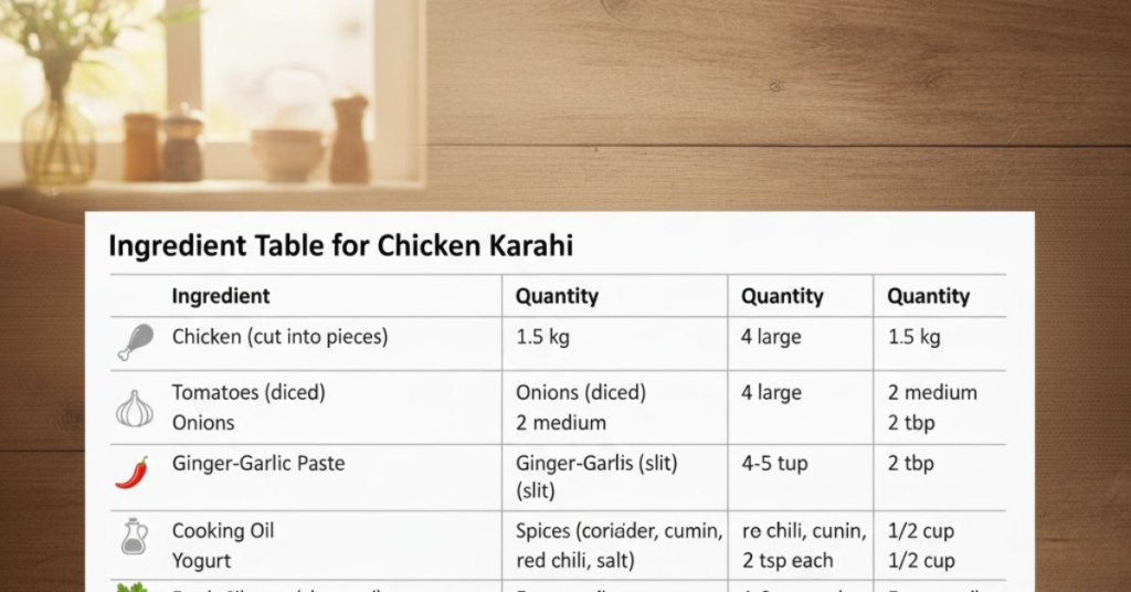Ingredient Table for Chicken Karahi